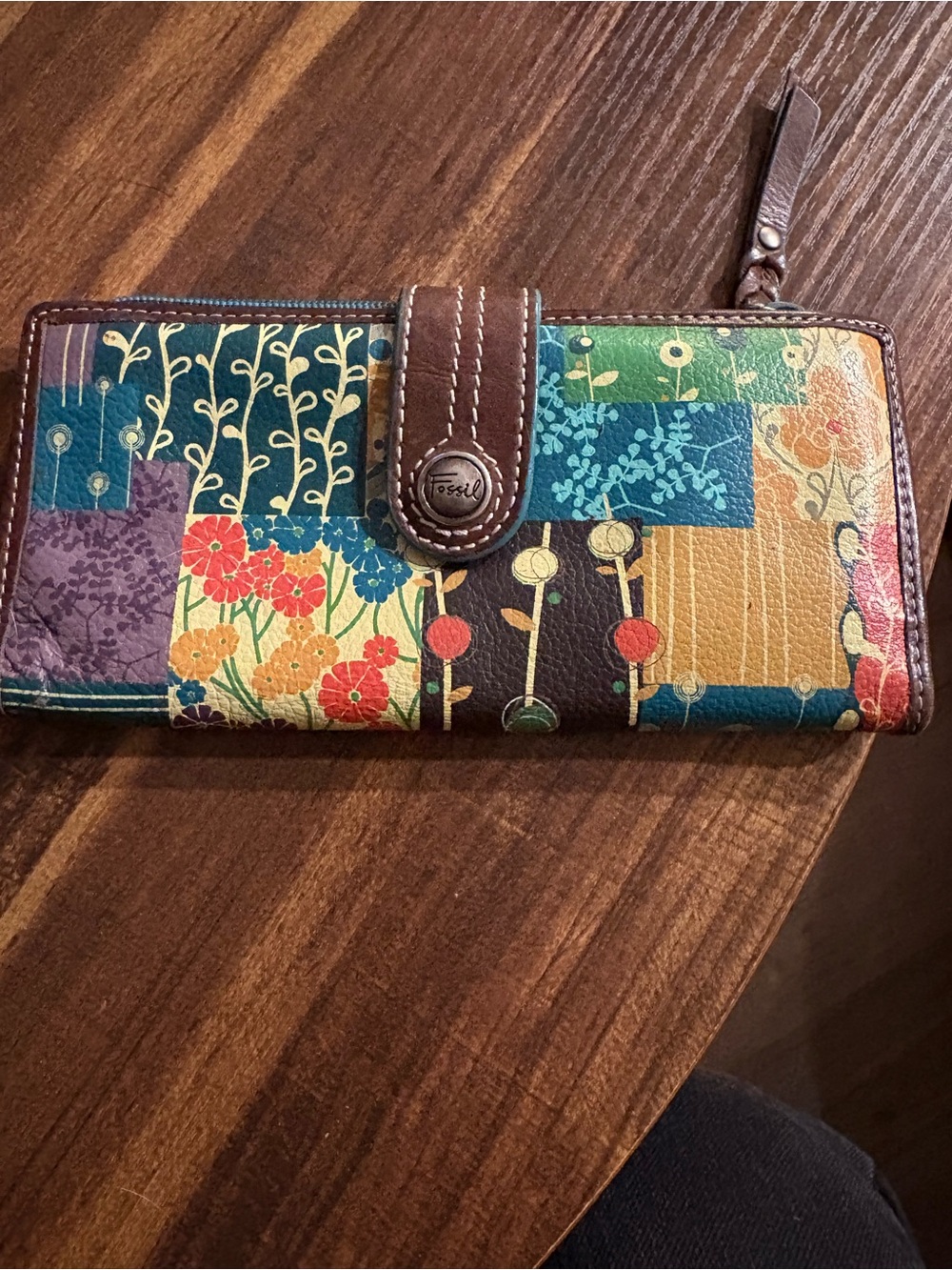 Fossil Multicolor Floral Patchwork Zip-Around Wallet with Brown Trim